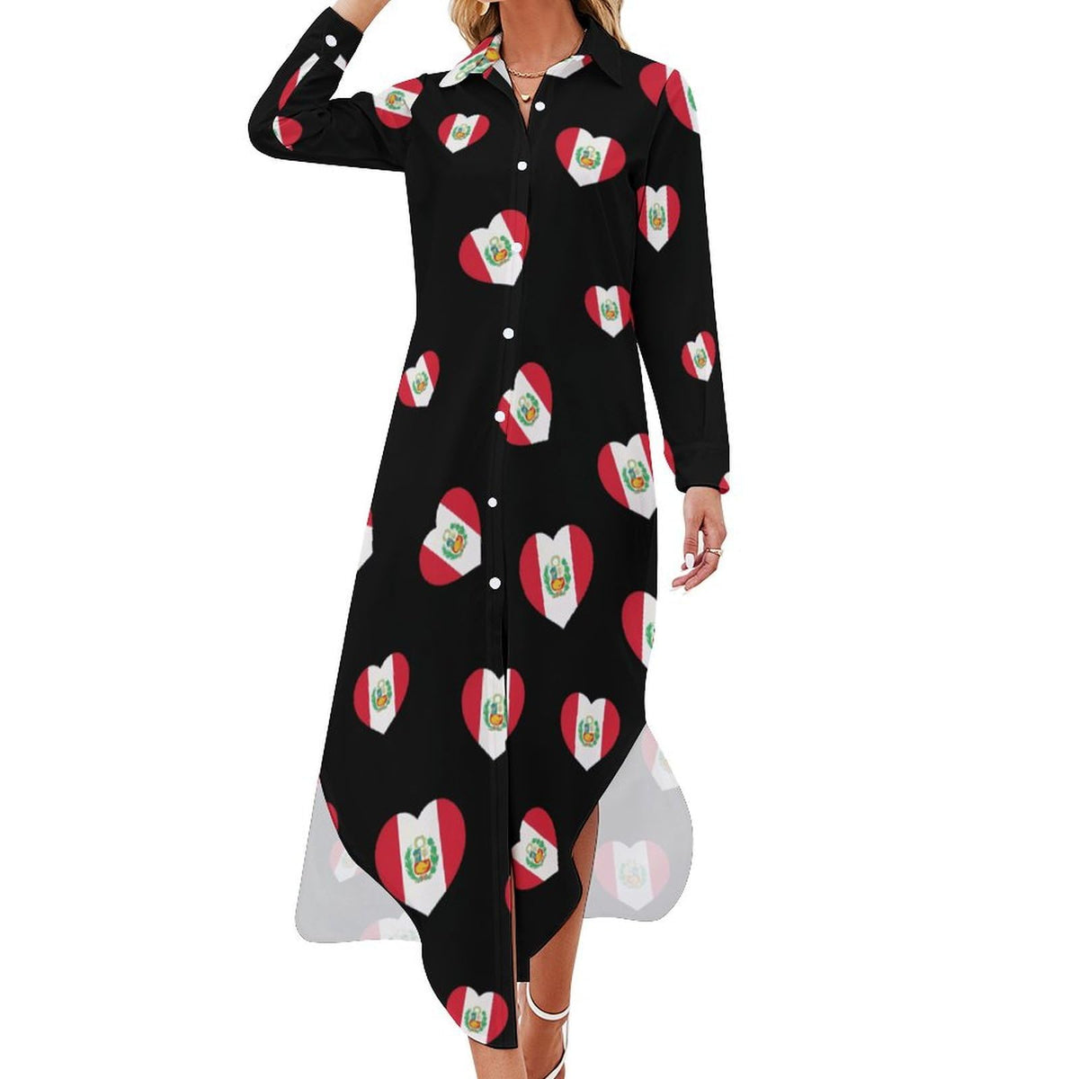 Robe-chemise fantaisie pour femme avec drapeau du Pérou et cœur, boutonnée, manches longues, fendue, maxi