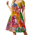 Robe d'été à manches courtes pour femme, motif oursons en gélatine colorés, col en V, style évasé
