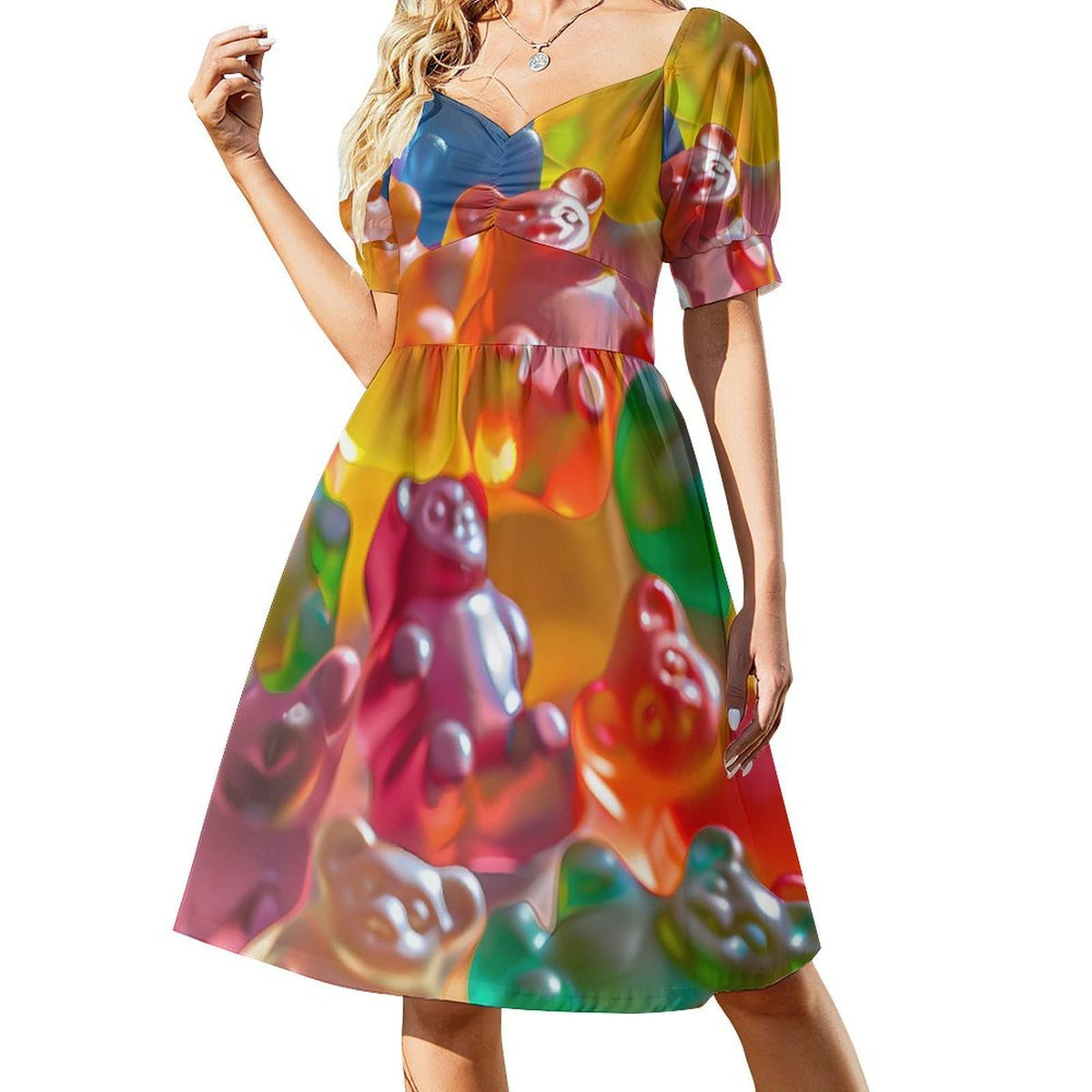 Robe d'été à manches courtes pour femme, motif oursons en gélatine colorés, col en V, style évasé