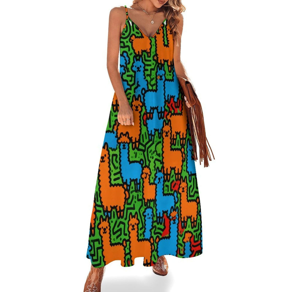 Robe maxi femme Alpaca Graffiti, longue et fluide, idéale pour l'été, les mariages et les occasions formelles.